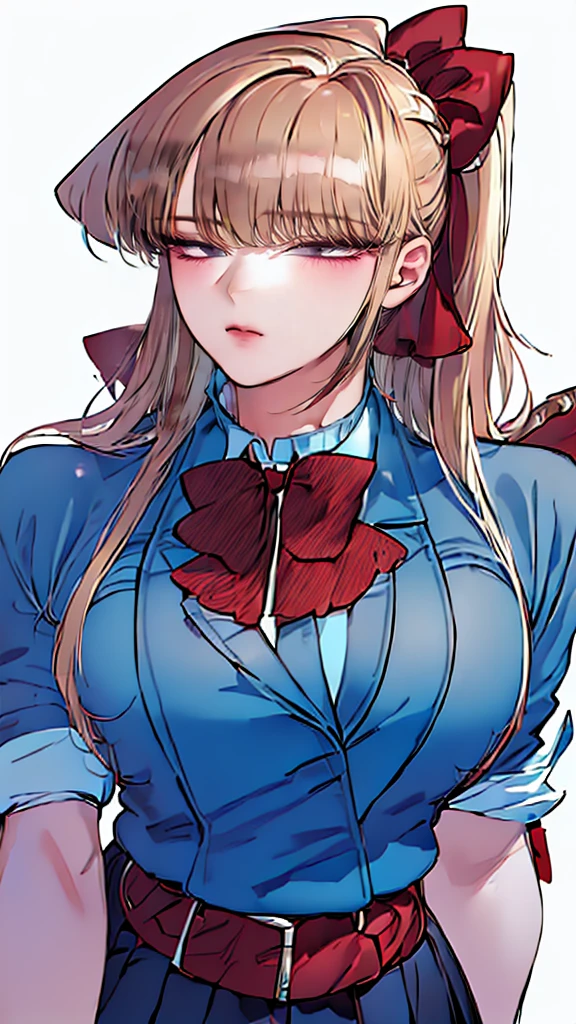 ((Masterpiece)), (Best Quality:1.7), (detailed:1.4), (high resolution:1.4), 8k, (showy:1.5), high resolutionolution, sharp image, 4k, High Definition, (beautiful detailed background:1.2), (beautiful lighting:1.2), (highly detailed:1.2), perfect lighting, (8K Wallpaper:1.2), (highly detailed:1.2), (extremely detailed CG:1.2), ((((Only very long blonde hair ponytail with a red ribbon.)))), (((bunker))), (((busty))), curvy figure, (((light blue eyes))), (school girl costume), (black jacket and snug white sweater and short flowing black pleated skirt with belt and tight black stocking leggings), maduro, older, human adult, short, whole body