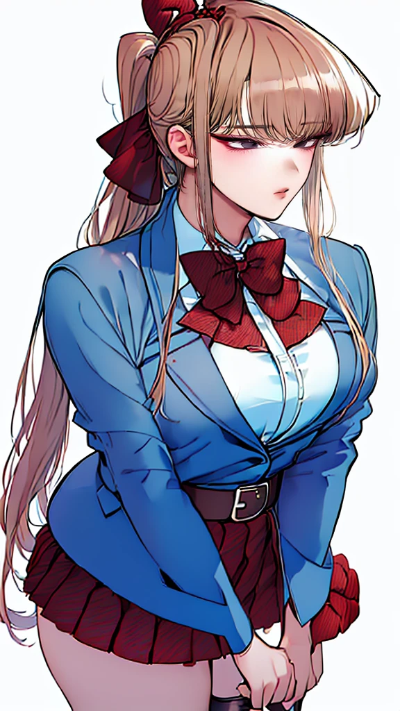 ((Masterpiece)), (Best Quality:1.7), (detailed:1.4), (high resolution:1.4), 8k, (showy:1.5), high resolutionolution, sharp image, 4k, High Definition, (beautiful detailed background:1.2), (beautiful lighting:1.2), (highly detailed:1.2), perfect lighting, (8K Wallpaper:1.2), (highly detailed:1.2), (extremely detailed CG:1.2), ((((Only very long blonde hair ponytail with a red ribbon.)))), (((bunker))), (((busty))), curvy figure, (((light blue eyes))), (school girl costume), (black jacket and snug white sweater and short flowing black pleated skirt with belt and tight black stocking leggings), maduro, older, human adult, short, whole body