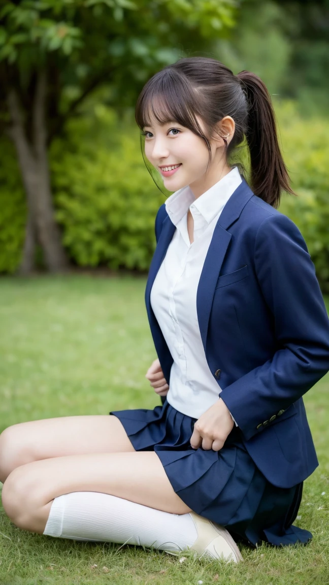 high detail、high quality、8K Photo、Anatomically perfect body、Japanese high school girls、One beautiful girl、smile、In uniform、(Brown blazer、Blue checked pleated skirt、Navy blue knee socks、Brown Loafers、青いリボンネクタイ、ponytail、Double eyelids、White panties)、(Sitting on the grass、Raise your knees and sit with your buttocks on the ground1.5)、((Between the legs in detail、Thighs、between legs、the hem of the skirt rises、Absolutely front angle 1.5、Face the photographer、Angle from the ground1.5))