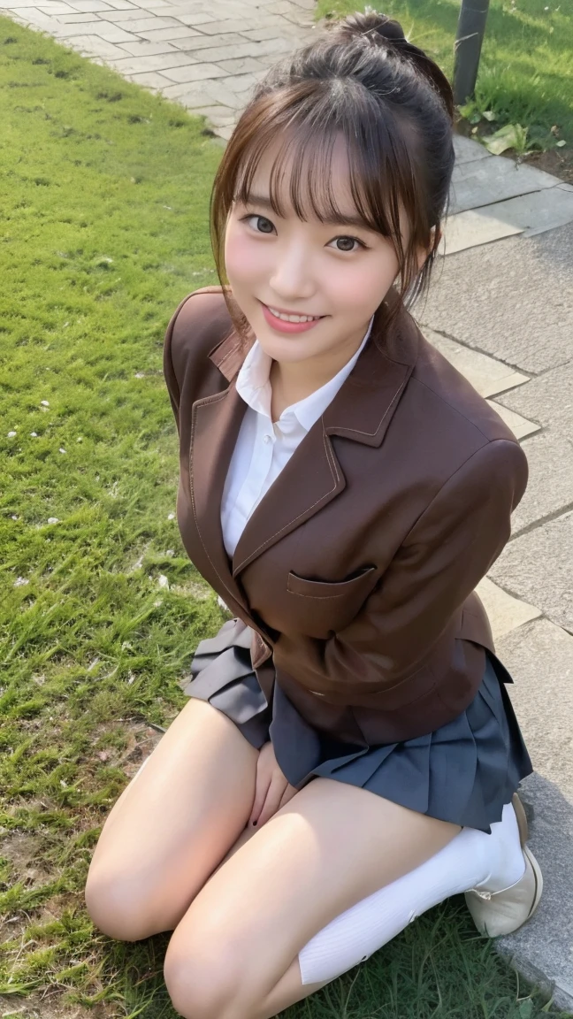 high detail、high quality、8K Photo、Anatomically perfect body、Japanese high school girls、One beautiful girl、smile、In uniform、(Brown blazer、Blue checked pleated skirt、Navy blue knee socks、Brown Loafers、青いリボンネクタイ、ponytail、Double eyelids、White panties)、(Sitting on the grass、Raise your knees and sit with your buttocks on the ground1.5)、((Between the legs in detail、Thighs、between legs、the hem of the skirt rises、Absolutely front angle 1.5、Face the photographer、Angle from the ground1.5))