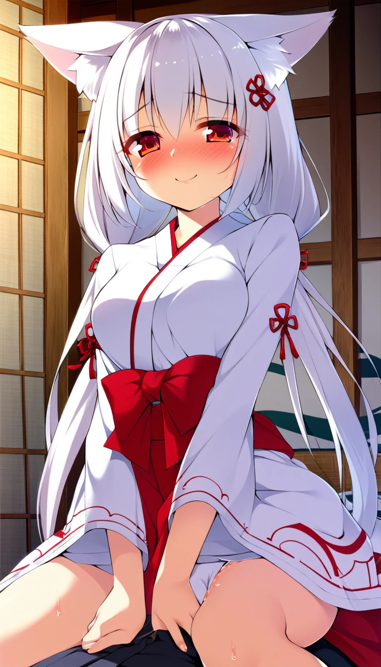 one girl, fox ears, shrine maiden, white hair, beautiful, gently, naive, smile cutely, red eyes, sacred, medium breasts, blush, fascinating, seduce me, naughty, 10 years old, girl on top, clothed sex