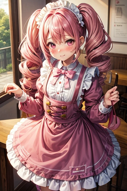 One girl,Cafe Waitress,Pink Hair,Twin tails,big tail,Curly Hair,Pink Lolita Maid,apron,Pink Eyes,blush,Embarrassed face,