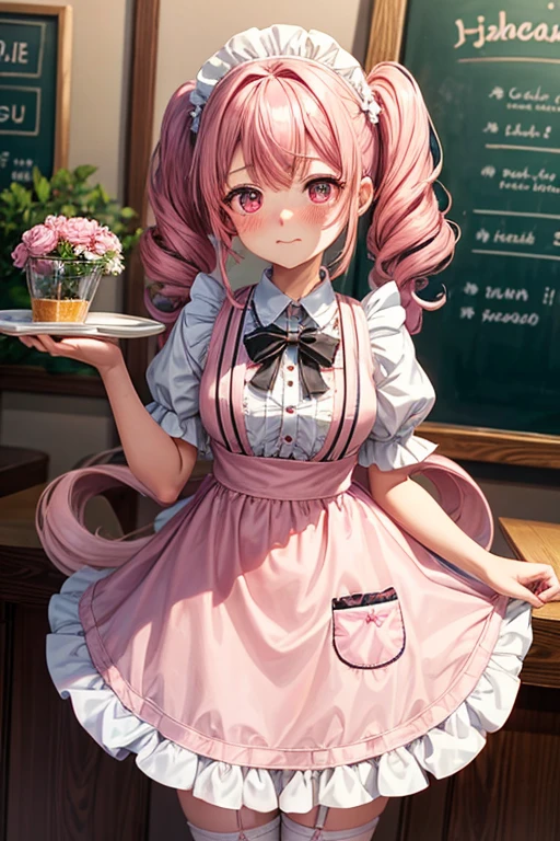 One girl,Cafe Waitress,Pink Hair,Twin tails,big tail,Curly Hair,Pink ta Maid,apron,Pink Eyes,blush,Embarrassed face,Girl with small,Small breasted girl,Small Girls