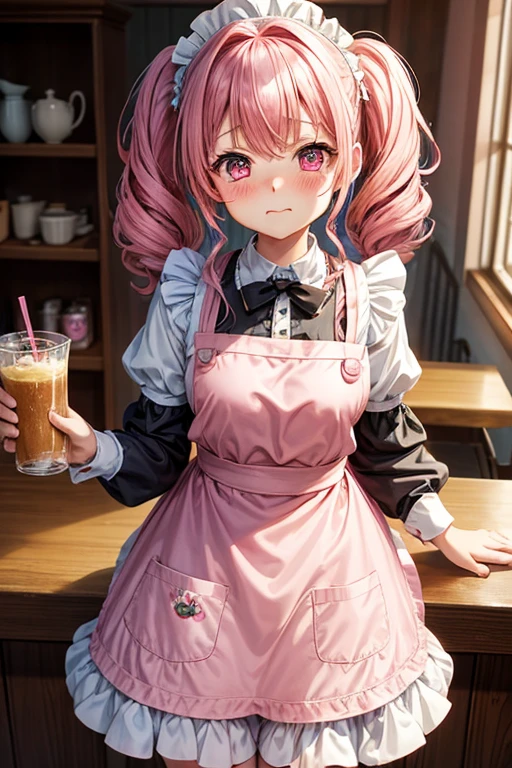 One girl,Cafe Waitress,Pink Hair,Twin tails,big tail,Curly Hair,Pink Lolita Maid,apron,Pink Eyes,blush,Embarrassed face,
