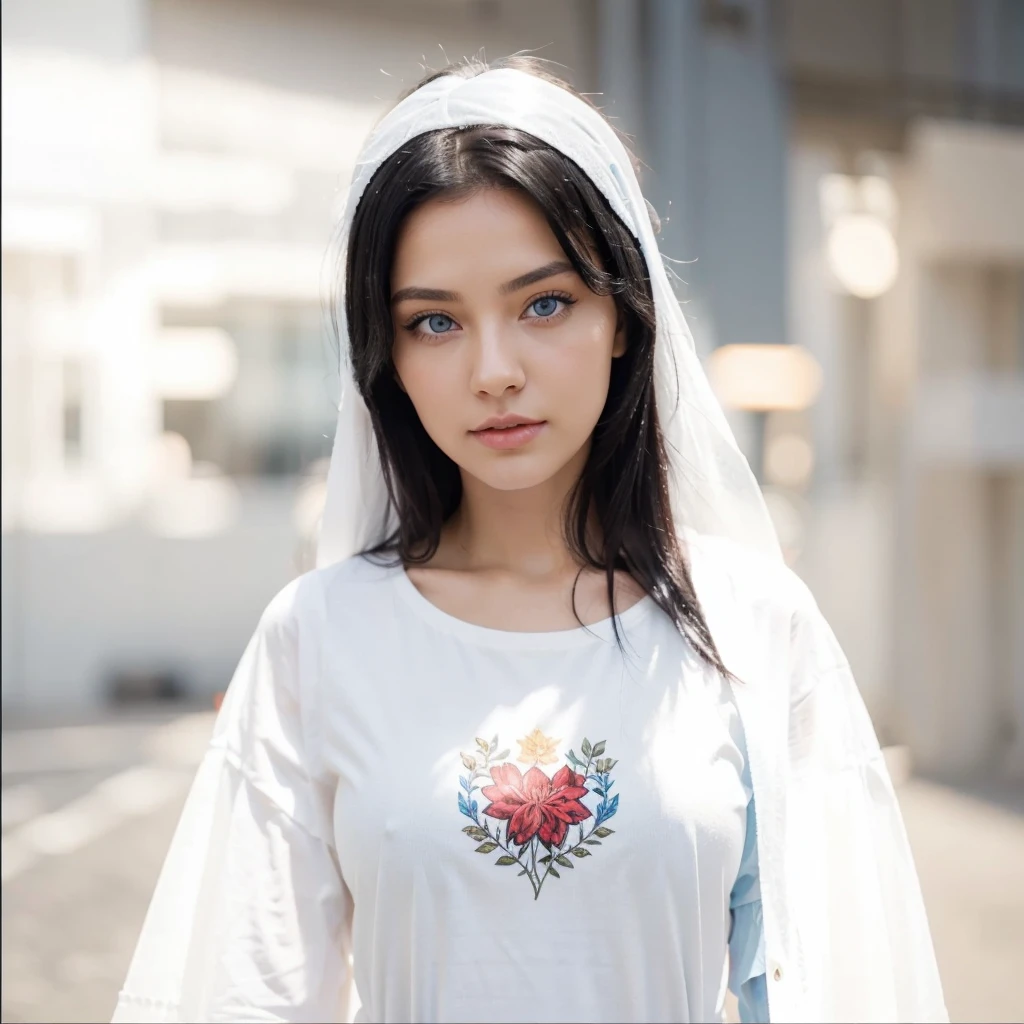 Beautiful woman with light blue eyes, Black hair,