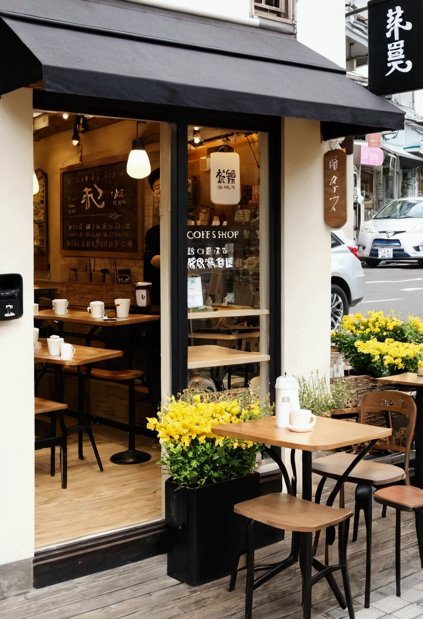 ヨーロッパの街角に小さなcoffee shopがあります。coffee shopの前には緑の木々Lined up、The flowers are in full bloom and give off a faint fragrance。木漏れ日がcoffee shopの前に美しい光の線を描いています。
coffee shopのテラスは角にあり、People passing by on the street々You can see the cars。Sit on the terrace and relax with a cup of coffee、You can enjoy the scenery along the road。
coffee shopのテーブルと椅子は木製で、A bouquet of fresh flowers is placed on the table。On the black sign「coffee shop」It is written that。