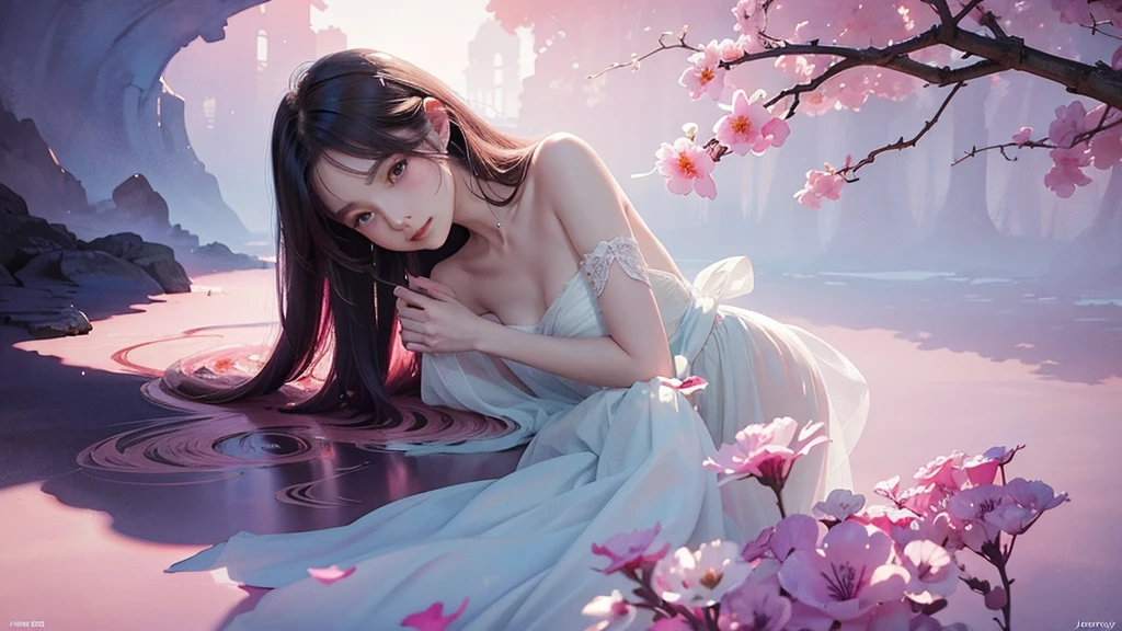 One girl,flower, Lisianthus ,Pale pinkと淡い青のスタイル, A dreamy, romantic piece, Pale pink, Mysterious Leaves, A playful arrangement,Fantasy, High Contrast, Ink strokes, explosion, Exposure, Impression of purple and red tones , Abstract, ((Watercolours by John Berkey and Jeremy Mann )) Brush strokes, Negative Space,