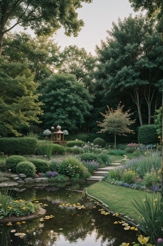 A , garden, moon, star, tiny house, tree, pond, fairies, butterfly.