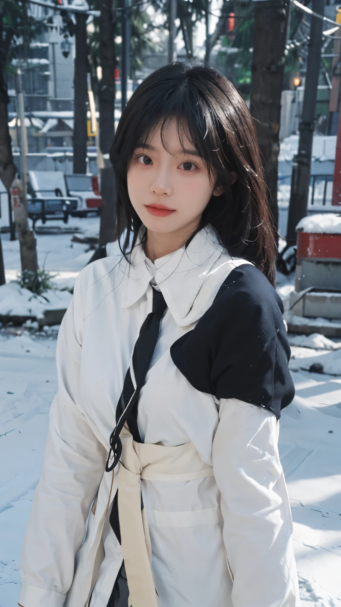 Best quality,masterpiece,Ultra-high resolution,snow,16K,Snow background,(Photo Realism:1.4),1 Girl,JK,Sexy,(Shirt and Tie:1.2),(Big breasts:1.3),(Upper body:1.4)