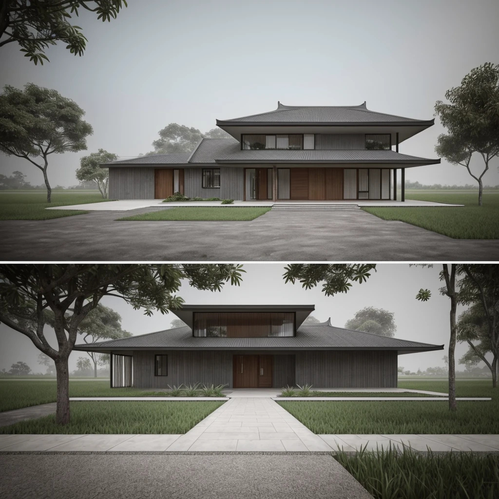 Exterior of a country house in Vietnam, minimalistic, The house is located on a rice field in the plains, wall concrete gray and wood, facing the road, plant and tree, sidewalks, sidewalk trees, corona render, 3ds max, wide view, overcast sky, a moody foggy environment, sunny cinematic, natural light