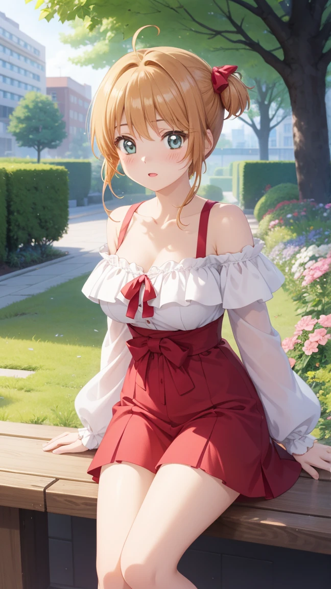 masterpiece, best quality, high resolution, 1 Girl, Delicate face, blush, Anime CG style, Large Breasts, (18 year old girl:1.3), (grown up), Good lighting, Perfect body, Sakura Kinomoto, Glossy lips, City, garden, Top of crop, Off-shoulder