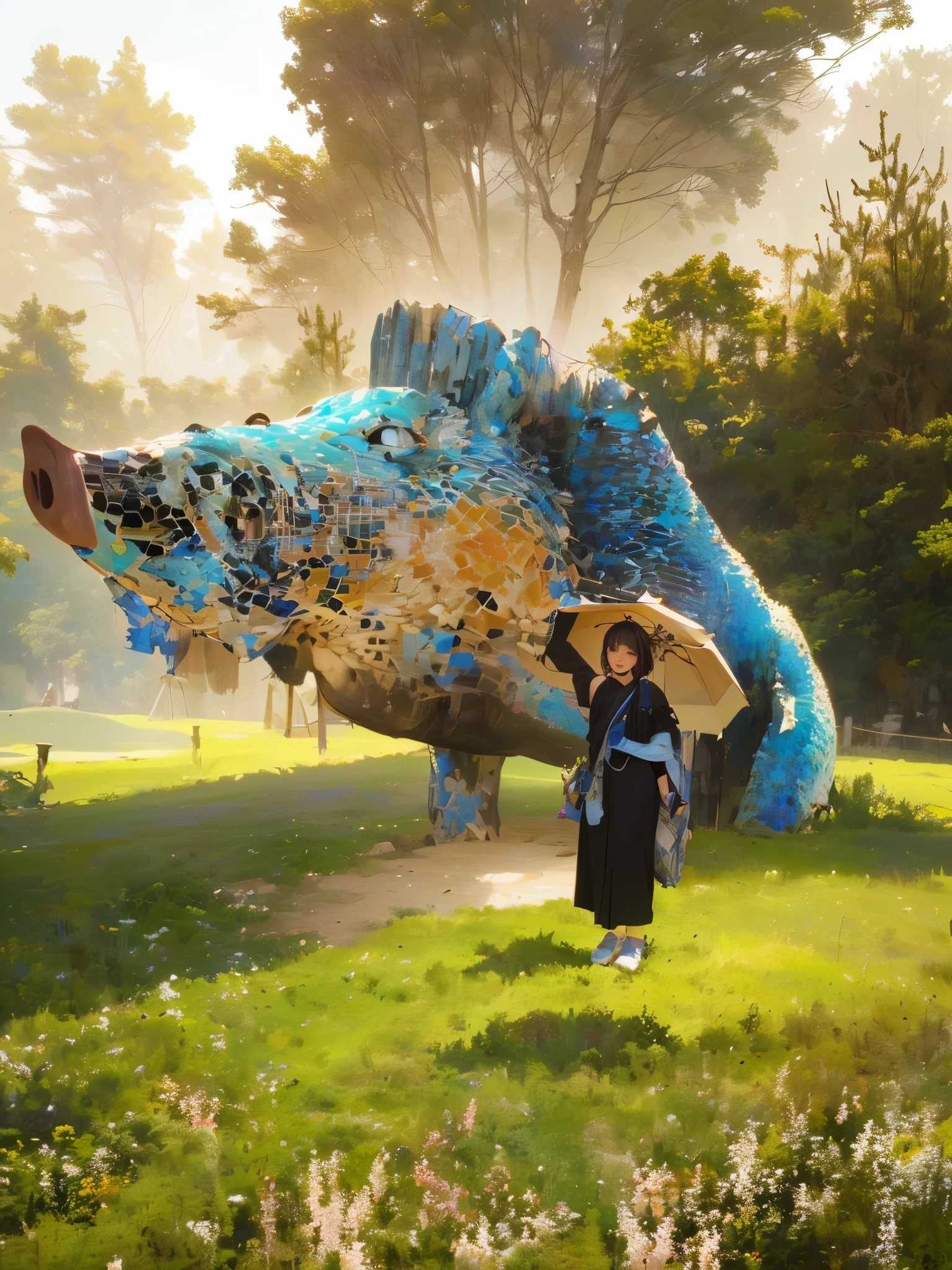 (In 8K、Highest quality、masterpiece:1.2)、(Realistic、Photorealistic:1.2)、there is a woman standing in front of a Sculpture of a fish, giant pig, myself, giant Sculpture, giant alice in wonderland, Rachel Lekitt, Photos taken in 2020, Sculpture!!, Tardigrade statue in the forest, 素晴らしいmasterpiece, 美しいmasterpiece, Strange works of art, 素晴らしいmasterpiece, plastic