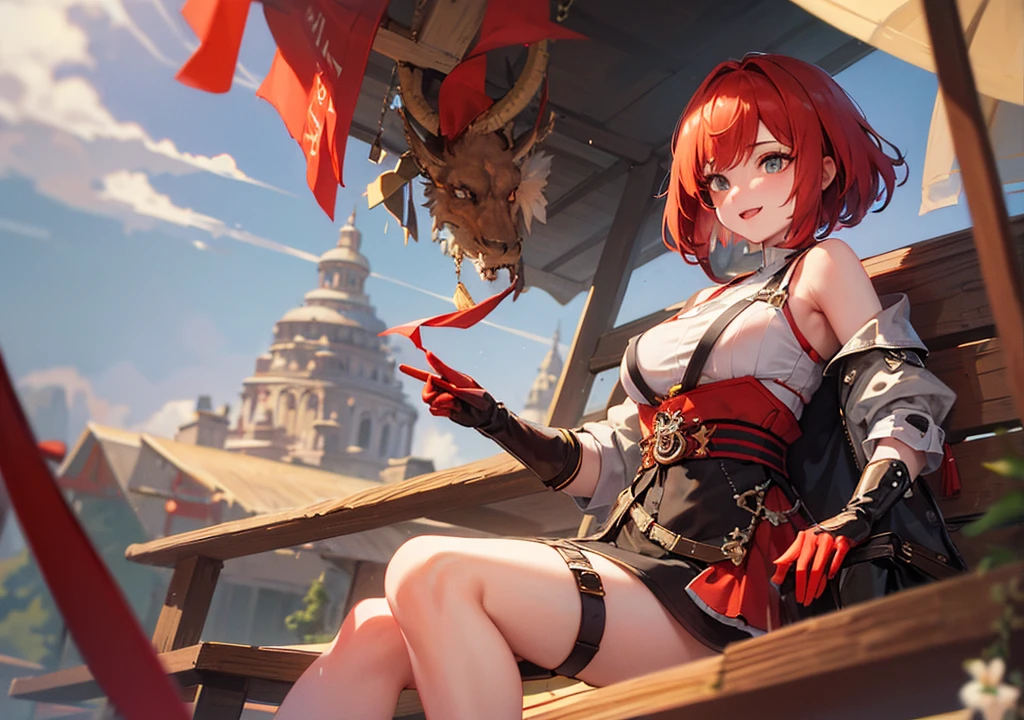 Realistic photos, Focus distance 10mm, Red and white, A big smile, Beautiful girl, Realistic photos, Focus distance 10mmで撮影, masterpiece, 最high quality, high quality, Very detailed CG 8k wallpaper unit, Award-winning photography, Bokeh, Depth of written boundary, High resolution, bloom, chromatic aberration, Realistic, Very detailed, Art Station Trends, CGsociety Trends, Complex, High detail, dramatic, Art on the go, volumetric lighting, Final Fantasy style beautiful girl、Amber Eyes、Red hair short bob、Dragon Rider Outfit、Flying dragon and mountain range in the background