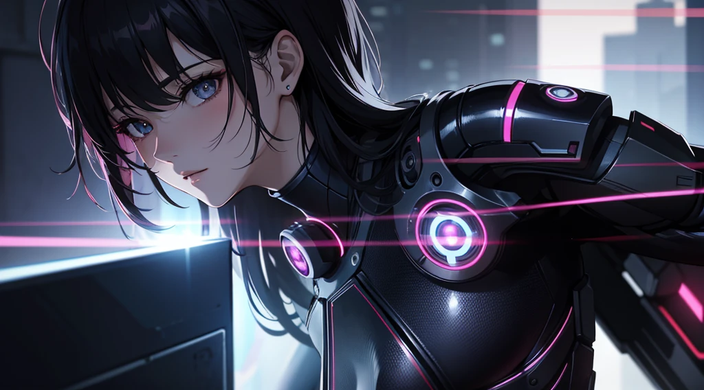 (masterpiece, Highest quality, 8K, Sharp focus, Depth of written boundary, Best Shadow, Perfect lighting, High resolution, Realistic skin texture, Highly detailed background), Anime Style, Long Angle Shot, ((Cyberpunk Theme)), alone, 1 female, She&#39;s a mercenary, (Green Eyes, White skin, Black hair in a ponytail, choker, Small breasts, slim, compensate, eyeliner, Gloss), She works in a futuristic Korean city., Gripping the Tech Katana firmly, night, null, Waning Moon, Wearing a nice technical jacket and leather pants.