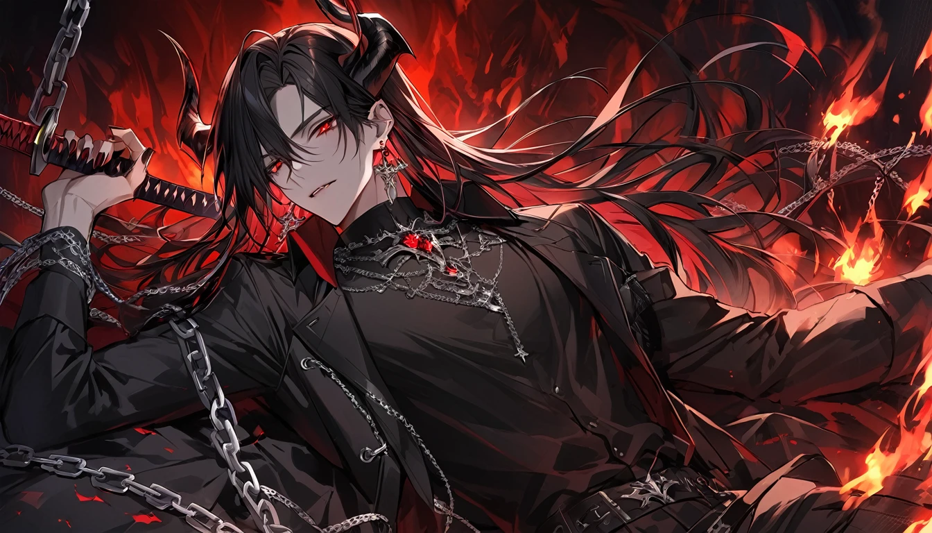 alone, good looking, 1 male, Long hair, Middle parted, Black hair, Red eyes, Black shirt, White Thailand, Black Trench Coat, Royal Silver Jewellery, Royal Demon Earrings, Black horns, Demon Crown, Demonic Katana, Chain, On Back, Demonic Black flames Aura, vtuber Character Design sheet