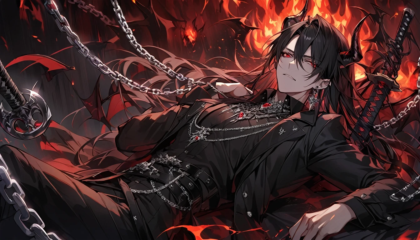 alone, good looking, 1 male, Long hair, Middle parted, Black hair, Red eyes, Black shirt, White Thailand, Black Trench Coat, Royal Silver Jewellery, Royal Demon Earrings, Black horns, Demon Crown, Demonic Katana, Chain, On Back, Demonic Black flames Aura, vtuber Character Design sheet