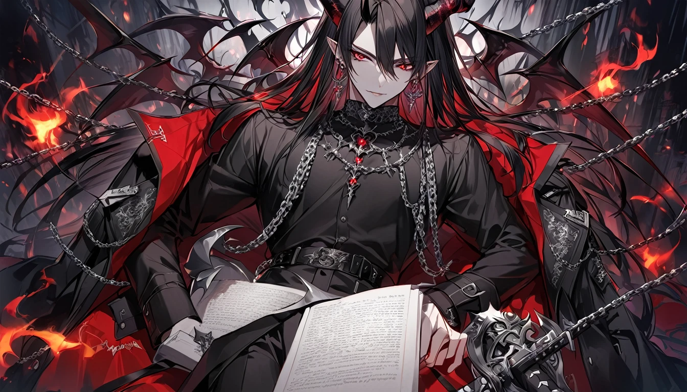 alone, good looking, 1 male, Long hair, Middle parted, Black hair, Red eyes, Black shirt, White Thailand, Black Trench Coat, Royal Silver Jewellery, Royal Demon Earrings, Black horns, Demon Crown, Demonic Katana, Chain, On Back, Demonic Black flames Aura, vtuber Character Design sheet