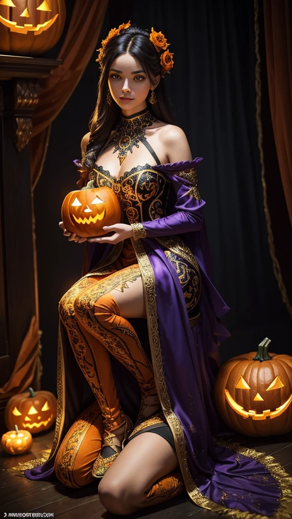 A stunning Halloween costume for a female character, featuring a meticulously crafted full-body ensemble. The costume showcases intricate details, vibrant colors, and an eye-catching design. The character is depicted sitting gracefully, holding a beautifully carved pumpkin lantern that emits a warm and inviting glow. The costume exudes a perfect blend of spooky and enchanting elements.