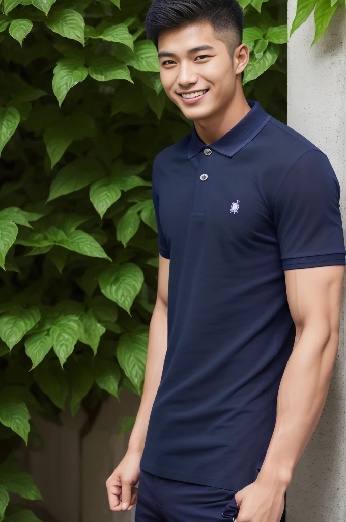 handsome man ,Age 20 , short hair, Korea , student，(((Wear a navy blue polo shirt with no stripes.......))), smile , front view ,chest muscles, Broad shoulders ,sportsperson , upper body (1),  rain: 1.3, Edge of tall building: 1.2, body drenched: 1.1,