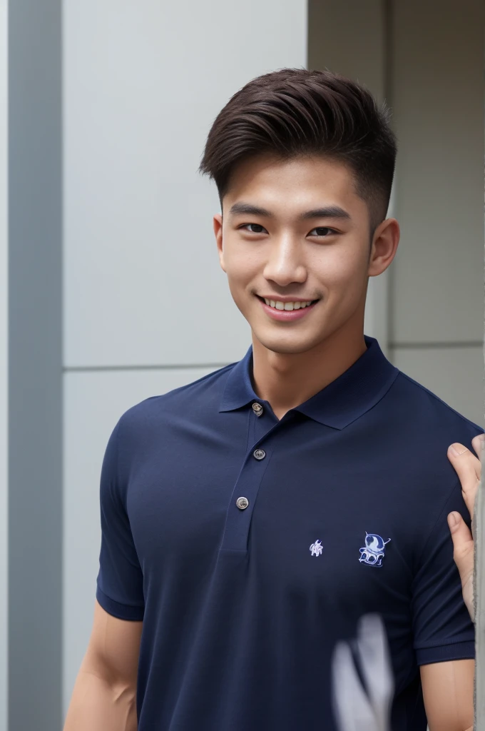 handsome man ,Age 20 , short hair, Korea , student，(((Wear a navy blue polo shirt with no stripes.......))), smile , front view ,chest muscles, Broad shoulders ,sportsperson , upper body (1),  rain: 1.3, Edge of tall building: 1.2, body drenched: 1.1,