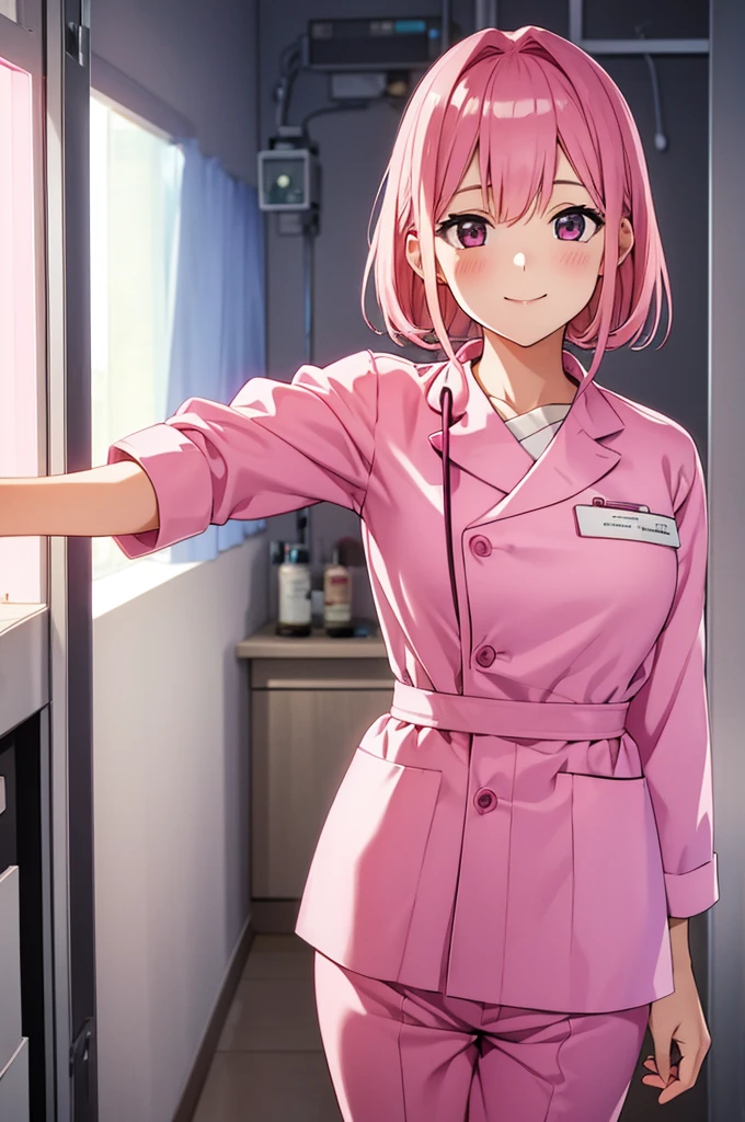 young, Cute girl, pink hair, pink nurse suit, in hospital, smiling 