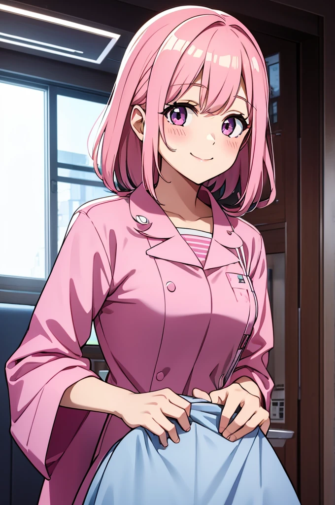 young, Cute girl, pink hair, pink nurse suit, in hospital, smiling