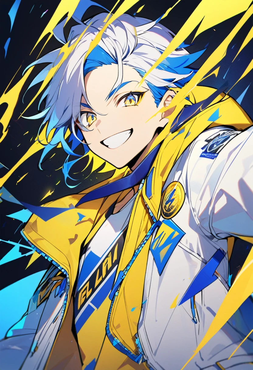 1 boy,yellow and blue hair,yellow and blue eyes,,white open blazer with logo,yellow hoodie inside,bright smile, blue and yellow lightning