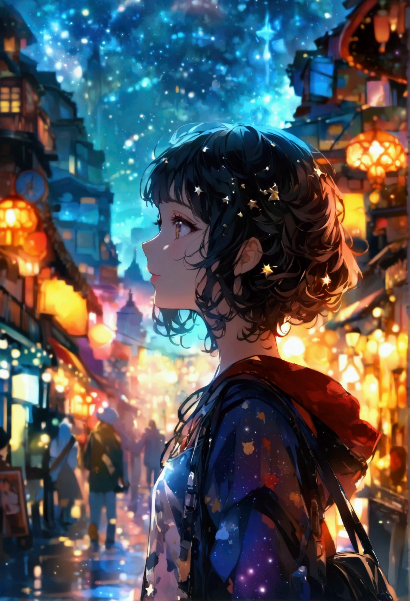 A fusion of graphic art and painting art、girl、Unusual street fashion、night、Starry Sky、front、Uplifting、Transparency、Bright Cities、wood々is rich、morning、High quality、Detailed Background、high resolution、Sparkling