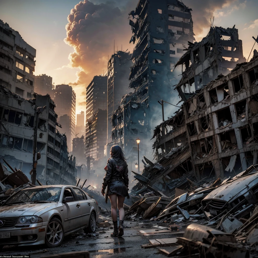 An undead girl wanders among the rubble of a destroyed city, among the rubble you can see some victims and car wrecks, the sky is covered in smoke and radiation