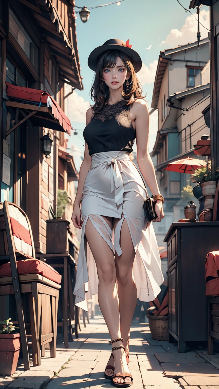 3d:0.5,Realistic:0.5,photoRealistic:0.5),(Absurd,Super Resolution,masterpiece,Highest quality,In detail,Absurd:1.2), Dramatic Light, Dramatic lighting, Cinematic, Anime Scenery, makoto shinkai, Ghibli, Fantasy World, Magic, Beautiful sky, cloud, building, bike, Airplane trajectory, bird, Dramatic Lighting, Cinematic lighting, sunset, warm sunset, Warm sun, street, Depth of written boundary, Lens flare,19-year-old female、Sexy proportions、erotic、Accessories on your wrist、adult、Narrow waist、Sexy summer dress with lace decoration、Mules(Sandals)、Wide-brimmed hat decorated with ribbon