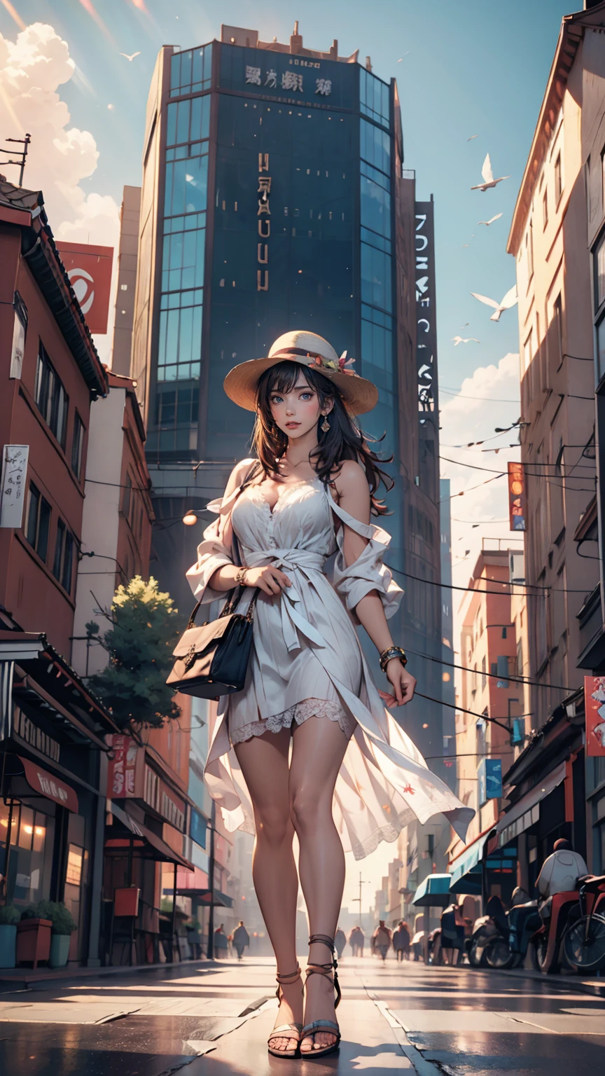 3d:0.5,Realistic:0.5,photoRealistic:0.5),(Absurd,Super Resolution,masterpiece,Highest quality,In detail,Absurd:1.2), Dramatic Light, Dramatic lighting, Cinematic, Anime Scenery, makoto shinkai, Ghibli, Fantasy World, Magic, Beautiful sky, cloud, building, bike, Airplane trajectory, bird, Dramatic Lighting, Cinematic lighting, sunset, warm sunset, Warm sun, street, Depth of written boundary, Lens flare,19-year-old female、Sexy proportions、erotic、Accessories on your wrist、adult、Narrow waist、Sexy summer dress with lace decoration、Mules（Sandals）、Wide-brimmed hat decorated with ribbon