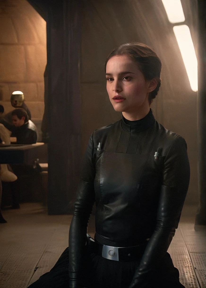 high resolution photo face close-up of p4dme woman sitting in a star wars cantina,looking at camera,black uniform,hair chignon,full body shot,depth of field,volumetric lighting,sunrise,(surreal dramatic lighting shadow)