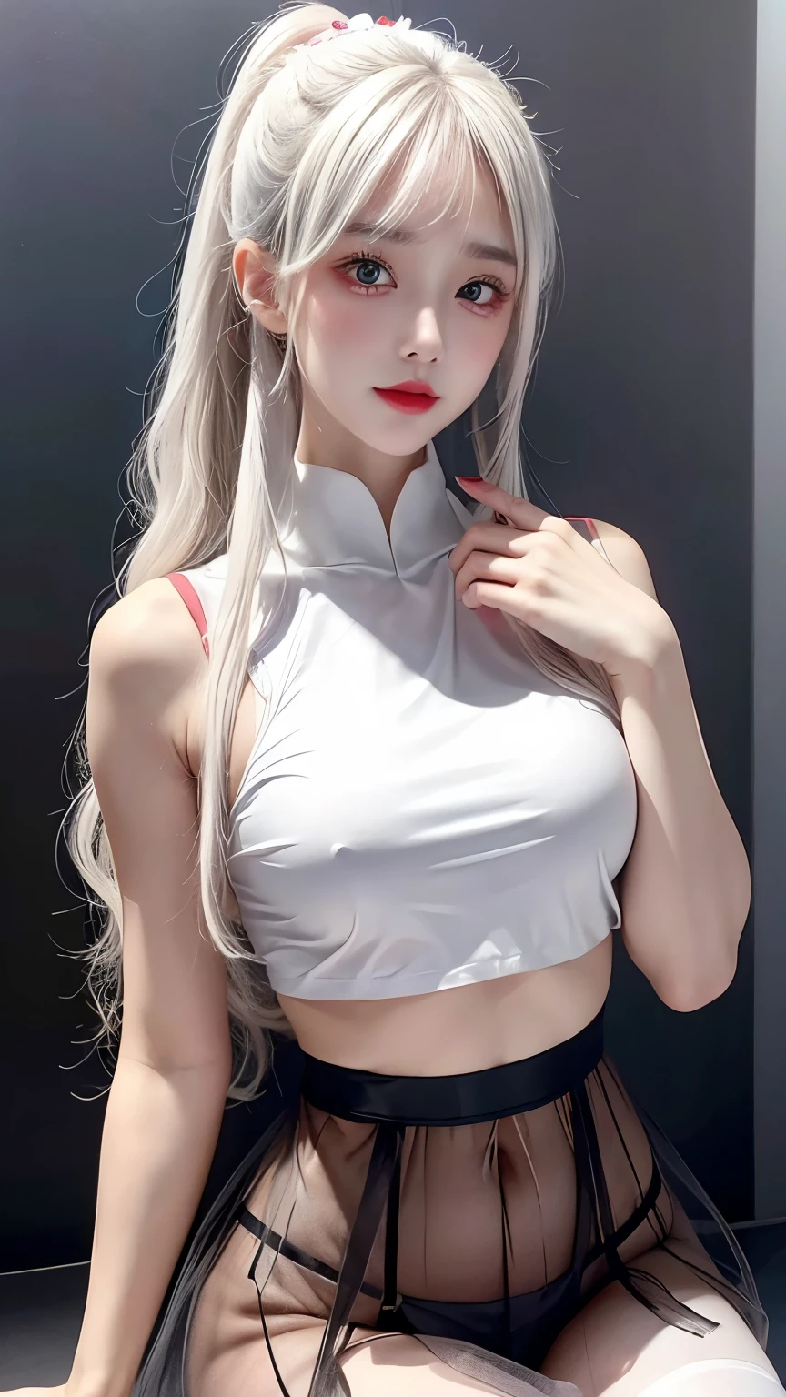 (masterpiece, realistic, high resolution), ((1 girl): 1.2), Korean, ((white wavy hair): 1.3), (heterochromia: 1.1, thick eyebrows,), (white hoodie without front close), ((medium breasts): 1.2, small waist, thigh), catwalk walk, masterpiece: 1.2, best quality), realism, (real pictures, rich detail details, depth of field), (1 girl, solo), makeup, high detail, perfect face shape, (: 1.4), (skin dents), thick thighs, wide hips, thin waist, high, coral, red lips, red eyes, ponytail (girls, shallow tulle, tulle transparent), (sweat: 1.2) , (wet), sexy, blush, (shy expression), sexy crop top, suspenders, belly pockets, flowers on clothes, wearing super tight sexy boxers,