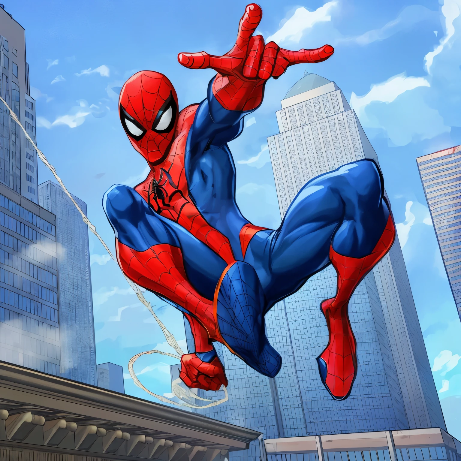 Spider-Man, in the style of Studio Mir, Jumping from off a rooftop, web swinging through a city, Dynamic action pose, 2K resolution, golden spider emblem on his chest, golden colored web shooters on his wrists, clear blue sky with some clouds, New York cityscape, The legend of Korra style, good complimentary style and contrasting colors, 2D animated look, mask in the style of Marvel’s Spider-Man 2, Clean Web Pattern design on his suit, golden lines around the belt area, leaping.