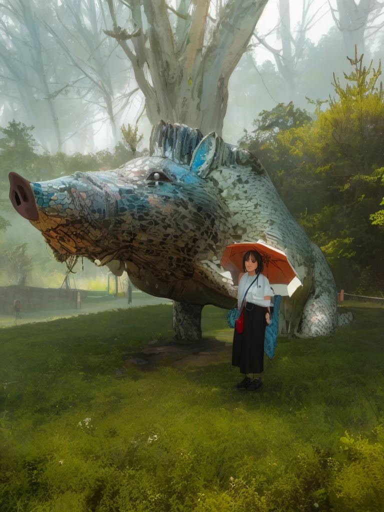 (In 8K、Highest quality、masterpiece:1.2)、(Realistic、Photorealistic:1.2)、there is a woman standing in front of a Sculpture of a fish, giant pig, myself, giant Sculpture, giant alice in wonderland, Rachel Lekitt, Photos taken in 2020, Sculpture!!, Tardigrade statue in the forest, 素晴らしいmasterpiece, 美しいmasterpiece, Strange works of art, 素晴らしいmasterpiece, plastic