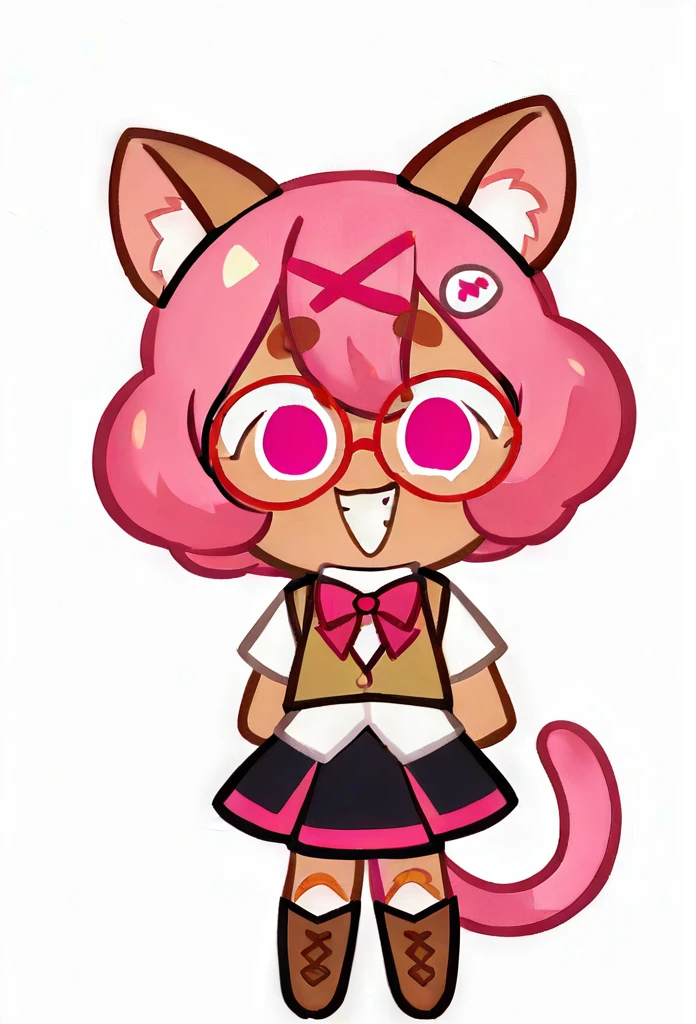chibi, full body, CookieRun, 1girl, animal ear fluff, animal ears, arms behind back, bandaid, black skirt, boots, bow, brown footwear, brown vest, cat ears, cat girl, cat tail, full body, fur trim, glasses, grin, hair between eyes, hair ornament, hairclip, looking at viewer, pink eyes, pink hair, shirt, short hair, short sleeves, skirt, smile, solo, standing, tail, thick eyebrows, vest, white background, white shirt