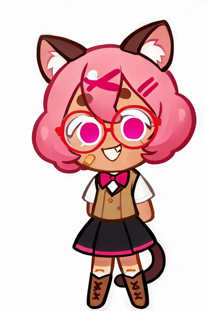 chibi, full body, CookieRun, 1girl, animal ear fluff, animal ears, arms behind back, bandaid, black skirt, boots, bow, brown footwear, brown vest, cat ears, cat girl, cat tail, full body, fur trim, glasses, grin, hair between eyes, hair ornament, hairclip, looking at viewer, pink eyes, pink hair, shirt, short hair, short sleeves, skirt, smile, solo, standing, tail, thick eyebrows, vest, white background, white shirt