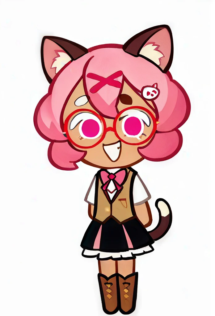 chibi, full body, CookieRun, 1girl, animal ear fluff, animal ears, arms behind back, bandaid, black skirt, boots, bow, brown footwear, brown vest, cat ears, cat girl, cat tail, full body, fur trim, glasses, grin, hair between eyes, hair ornament, hairclip, looking at viewer, pink eyes, pink hair, shirt, short hair, short sleeves, skirt, smile, solo, standing, tail, thick eyebrows, vest, white background, white shirt