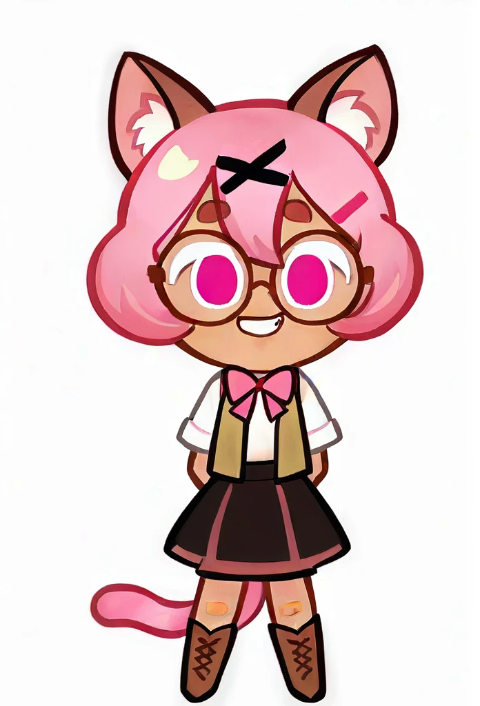 chibi, full body, CookieRun, 1girl, animal ear fluff, animal ears, arms behind back, bandaid, black skirt, boots, bow, brown footwear, brown vest, cat ears, cat girl, cat tail, full body, fur trim, glasses, grin, hair between eyes, hair ornament, hairclip, looking at viewer, pink eyes, pink hair, shirt, short hair, short sleeves, skirt, smile, solo, standing, tail, thick eyebrows, vest, white background, white shirt