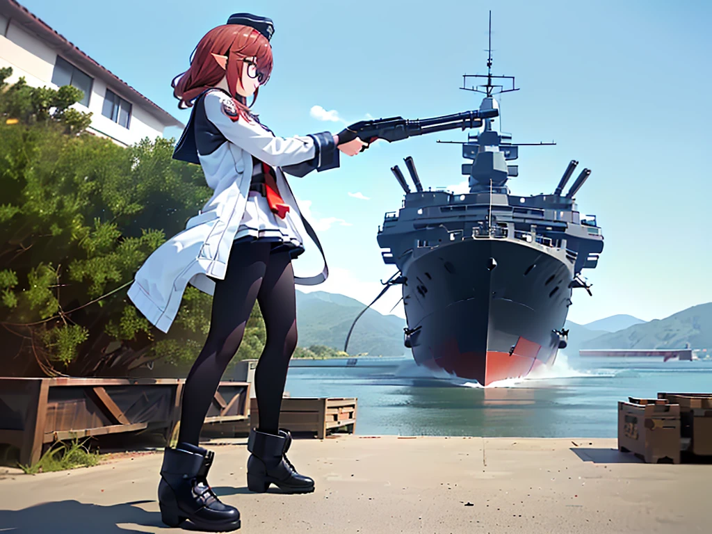 (((masterpiece, Vision))), ((((Full body of a woman with perfect flat chest、1 Female、solo、Short unkempt black hair、Tie your messy hair at the nape of your neck、white military jacket、Miko costume、black tights、Black glasses are black、White military cap、Cloudy black eyes、Confused eyes、Junyo-inspired emblem、Ship-style boots)))), (((Shipgirl))), ((Floating on the morning sea with both feet)), (Standing with your legs apart)), Aim, (Hold the shotgun turret grip with your right hand), (Four mechanical tentacles covered in white armor extend from its back.), (Holding a shotgun with metal tentacles), (Equipped with a bridge on the back), (His left arm holds the grip of a triple-barreled shotgun),