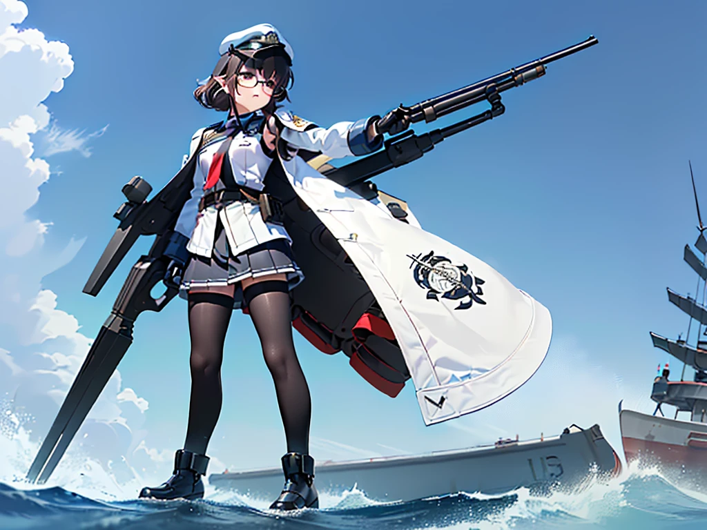 (((masterpiece, Vision))), ((((Full body of a woman with perfect flat chest、1 Female、solo、Short unkempt black hair、Tie your messy hair at the nape of your neck、white military jacket、Miko costume、black tights、Black glasses are black、White military cap、Cloudy black eyes、Confused eyes、Junyo-inspired emblem、Ship-style boots)))), (((Shipgirl))), ((Floating on the morning sea with both feet)), (Standing with your legs apart)), Aim, (Hold the shotgun turret grip with your right hand), (Four mechanical tentacles covered in white armor extend from its back.), (Holding a shotgun with metal tentacles), (Equipped with a bridge on the back), (His left arm holds the grip of a triple-barreled shotgun),