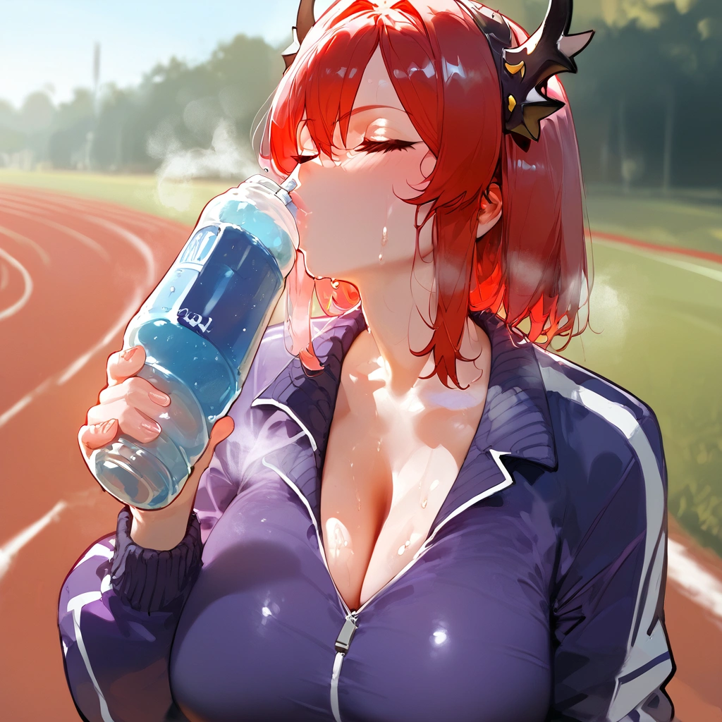 score_9, score_8_up, score_7_up, score_6_up,floox style,surtr, arknights, red hair,big breasts, sagging breasts,, ,   ,, jacket,, lips, ,  purple jacket, purple track suit, shiny, shiny skin, , , sportswear, standing, steam, steaming body, sweat, sweatdrop, track jacket, track pants, track suit,, outdoors, , (drinking:1.2),bottle, , simulated facial, closed eyes, solo, face close-up, water on face, holding bottle, water splits on face