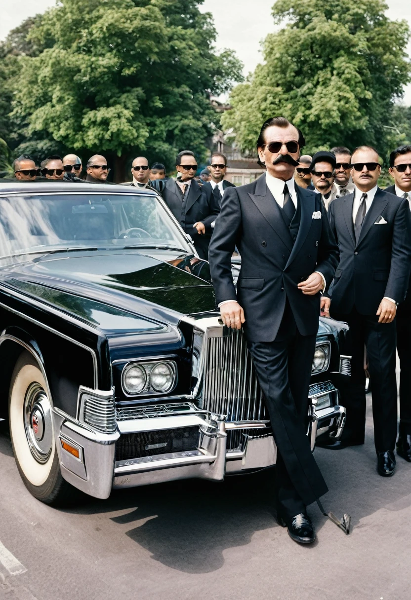 Me as a world's richest person in gangster's look with moustache.me driving a Lincoln continental and gun is present in my hand with the bodyguards and convoy in future