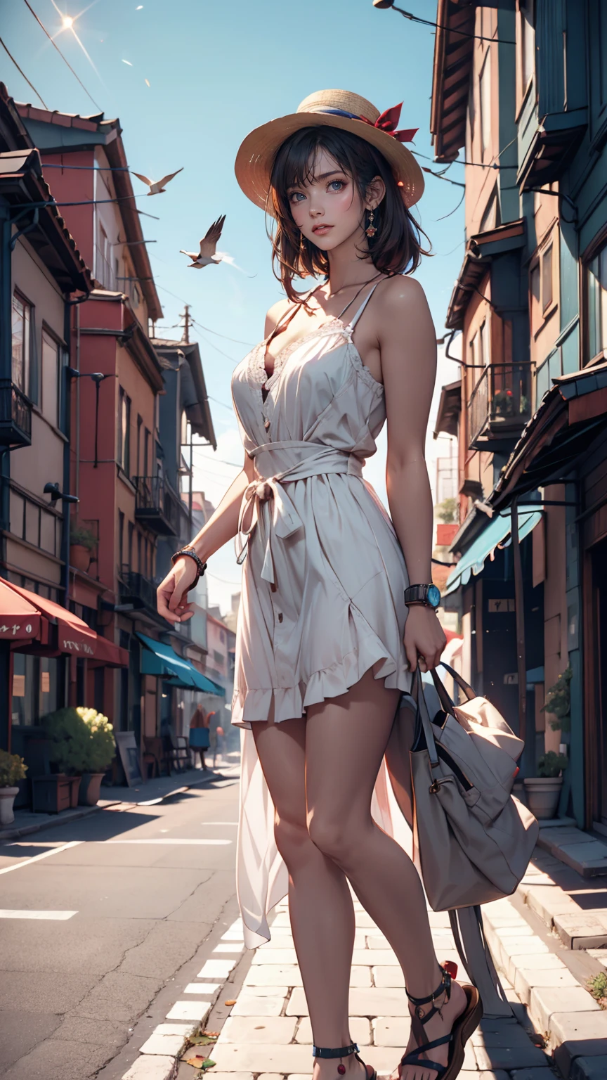 (16k, High resolution, highest quality, masterpiece, 超High resolution), ((Giantess Elements, From below)), Perfect dynamic composition:1.2, (Modern city at night), Highly detailed skin and facial textures:1.2, (Towering Giant Young Woman:1.0, Higher than skyscrapers:1.0, 50,000 feet tall:1.0, Incredibly slim body:1.0), smile, Fair skin, Sexy beauty, Very beautiful face, (近づいてくる女性をFrom below見上げる), (White wide leg jumpsuit:1.0), Shapely breasts, Chest gap, Big eyes that exude beautiful eroticism, Lips that exude beautiful eroticism, necklace, Earrings, bracelet, wedding ring, Shoulder bag, clock, ribbon, Full body portrait, ((Destroy a small town, Burning Small Town, rubble, Destroyed small building, Collapsed highway, Evacuated Residents)), (Major impact, Emphasizing the majesty and power of giants, Increase the destructive element, Making cities smaller)