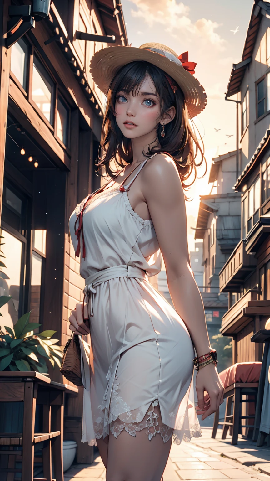 3d:0.5,Realistic:0.5,photoRealistic:0.5),(Absurd,Super Resolution,masterpiece,Highest quality,In detail,Absurd:1.2), Dramatic Light, Dramatic lighting, Cinematic, Anime Scenery, makoto shinkai, Ghibli, Fantasy World, Magic, Beautiful sky, cloud, building, bike, Airplane trajectory, bird, Dramatic Lighting, Cinematic lighting, sunset, warm sunset, Warm sun, street, Depth of written boundary, Lens flare,19-year-old female、Sexy proportions、erotic、Accessories on your wrist、adult、Narrow waist、Sexy summer dress with lace decoration、Mules（Sandals）、Wide-brimmed hat decorated with ribbon