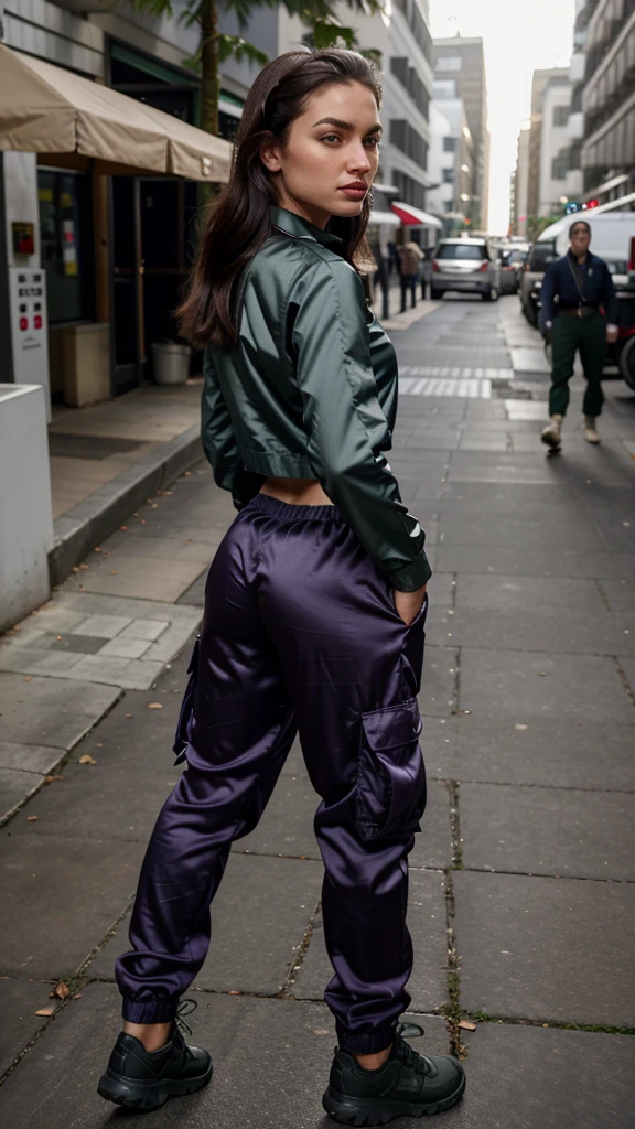 (realistic, photorealistic), cinematic photo ,realistic, (a woman wearing loungewear and  Cargo Satin pants: Pants with multiple pockets, often inspired by military wear.), NikkyRiderQuiron woman, . 35mm photograph, film, bokeh, professional, 4k, highly detailed,  (high quality skin), (high detailed face skin), (realistic iris), (realistic pupils), (skin pores), (skin imperfections:0.27),sexy Ass 
