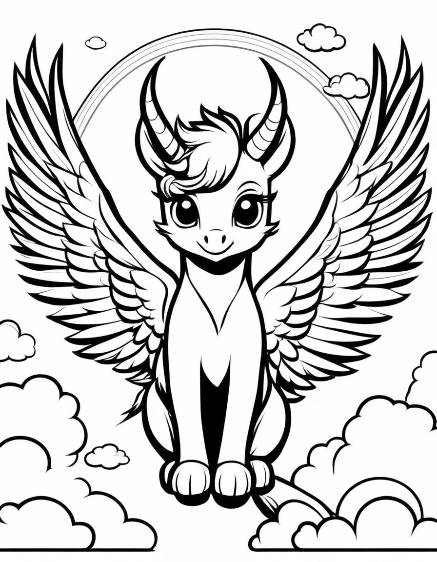 beautiful Unicon, adult, Fantasy,, ดวงตาNo color, have wings, Coloring pages for kids, be happy, Fly in the sky, Behind is a cloud., rainbow, vector art, simple, 2D vector, black lines white background, For beginners, Vector illustration, Pencil strokes, No color, drawing coloring, white background, Pixar style, black and white, component 2 out of 4 parts