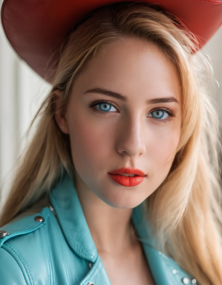 (1girl:2), a girl is in a biker clothing boutique, she is dressed in a (light blue leather bodysuit:2), she is wearing a (red leather biker jacket:2), all around her there are racks with some biker clothes, in the background you can see the doors of several fitting rooms, the girl is (taking a selfie with her mobile phone:1.8)., red hair, french braid, hair over shoulder, absurdly long hair, mole under eye, eye reflection, aqua eyes, sparkling eyes, heterochromia, longeyelashes, colored eyelashes, makeup, seductive smile, Hyperrealism, god rays, vignetting, (cowboy shot:1.5), f/4.0, 35mm, Sony FE GM, 16k, best quality, high details, anatomically correct, masterpiece