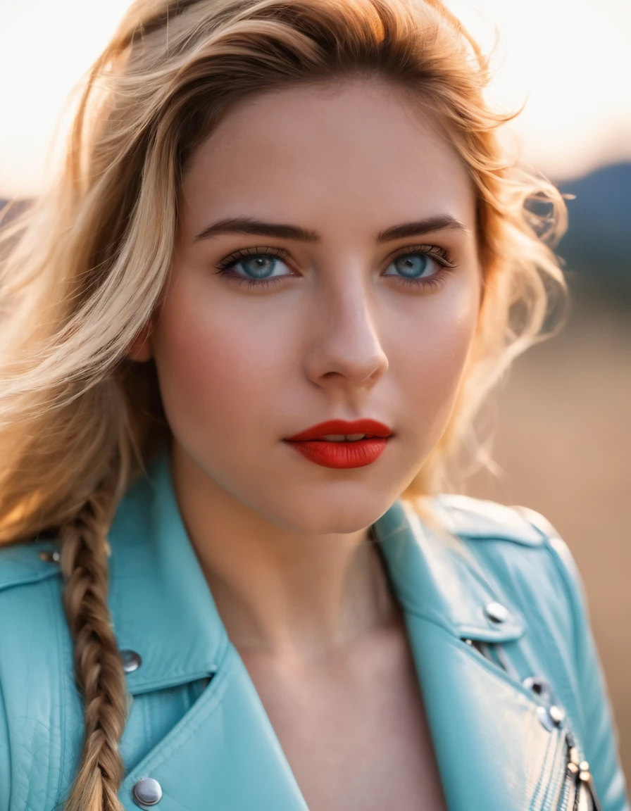 (1girl:2), a girl is in a biker clothing boutique, she is dressed in a (light blue leather bodysuit:2), she is wearing a (red leather biker jacket:2), all around her there are racks with some biker clothes, in the background you can see the doors of several fitting rooms, the girl is (taking a selfie with her mobile phone:1.8)., red hair, french braid, hair over shoulder, absurdly long hair, mole under eye, eye reflection, aqua eyes, sparkling eyes, heterochromia, longeyelashes, colored eyelashes, makeup, seductive smile, Hyperrealism, god rays, vignetting, (cowboy shot:1.5), f/4.0, 35mm, Sony FE GM, 16k, best quality, high details, anatomically correct, masterpiece