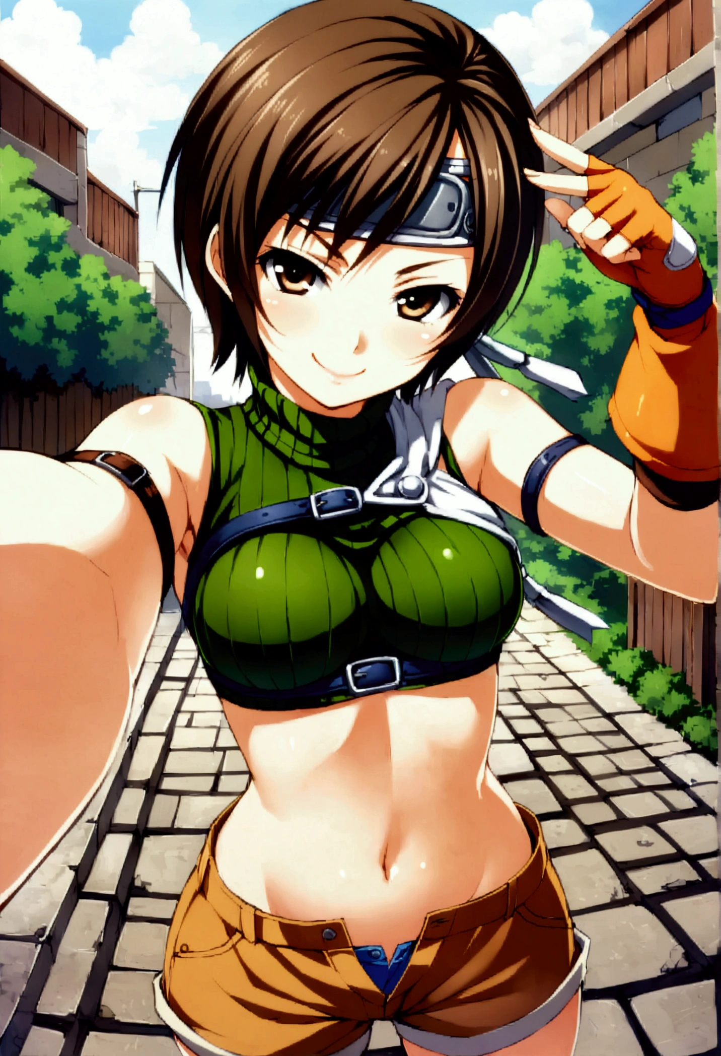 score_9, score_8_up, score_7_up,,BREAK ,source_anime ,from above,front view,front angle,,standing,contrapost,upperbody,,straight-on,Solo,1girl, yuffie kisaragi, final fantasy,,short hair,headband,navel,sleeveless,turtleneck,brown eyes,sleeveless turtleneck,solo,breasts,looking at viewer,smile,gloves,crop top,brown hair,shorts,midriff,sweater,open fly,fingerless gloves,ribbed sweater,medium breasts,,beautiful waist ,smug,smile,selfie,,daytime,outdoor,ultra detailed,best quality,aesthetic,very aesthetic,anime style,(mid:1.2)